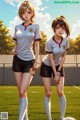 Two young women standing next to each other on a soccer field.