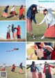 A collage of photos of a group of young women flying a kite.